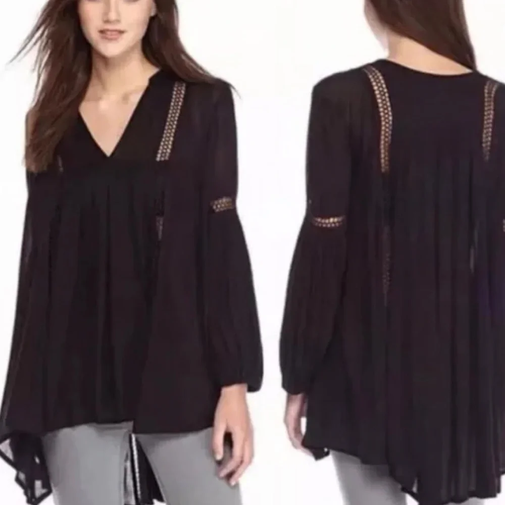 Free People Womens Swingy Lace Tunic Top Blouse Black Small Boho Dark Romantic